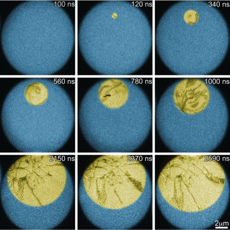 False color images of growth of crystalline GeTe (yellow) into amorphous GeTe (blue) in a series of 17.5 ns images during crystallization induced by a 12 ns laser pulse